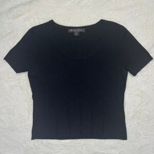 Michelle Nicole Petite Black Ribbed Knit Short Sleeve Top Beaded Detail PXL